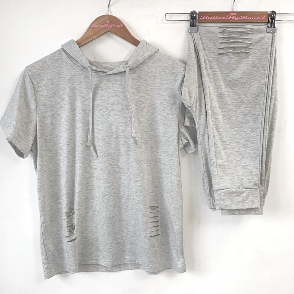 Ripped ShortSleeve hooded top with Joggers set, Gray Size Large‎ Juniors
